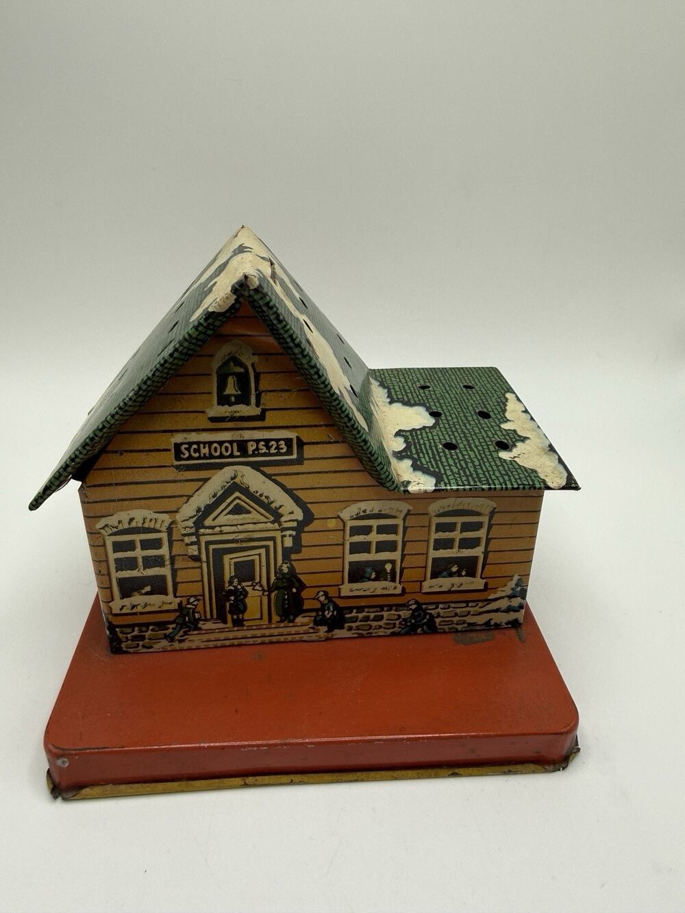 Vintage Tin Lithograph Lollipop Holder School House Bank Cottage